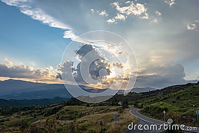 Impressive sunset over the saddle of the generals, a town above the city of Bobbio Stock Photo