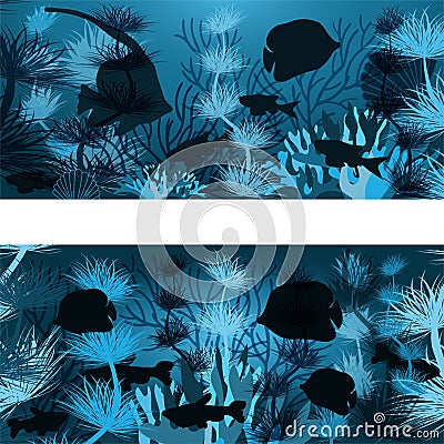 Underwater banner with algae and tropical fish Vector Illustration