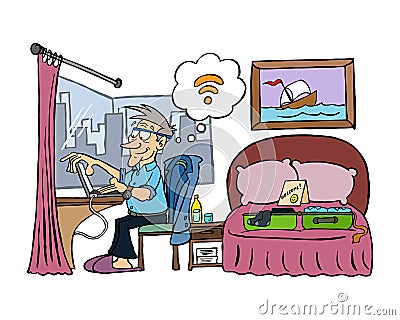 Senior businessman working in his hotel room. Vector Illustration