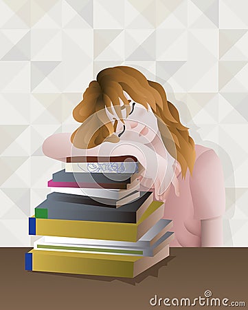 Red hair girl exhausted and satured studying a lot of books. Stock Photo