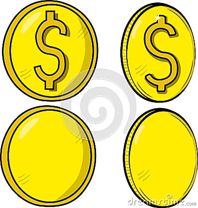 Collection / Set of coins / money with a yellowish tone, two with dollar symbol and two in blank. Vector of currency. Vector Illustration