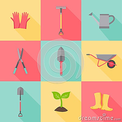 Set of garden tools, gardening design elements. Vector Illustration