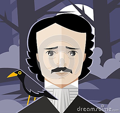 Great dark gothic romantic horror american writer with a raven in a dark spooky forest Vector Illustration