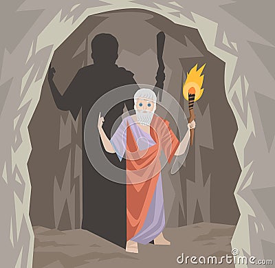 Great philosopher greek thinker and shadows cave cavern allegory Vector Illustration