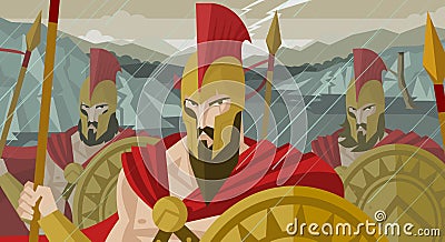 Epic spartans soldiers defending pass armed with shields and spears Vector Illustration