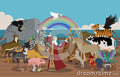 Noah`s Ark and animals and dove miracle Vector Illustration