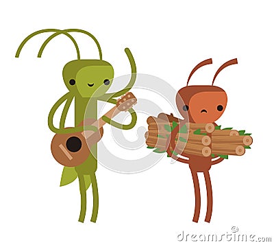 Ant and grasshopper cicada fable Vector Illustration