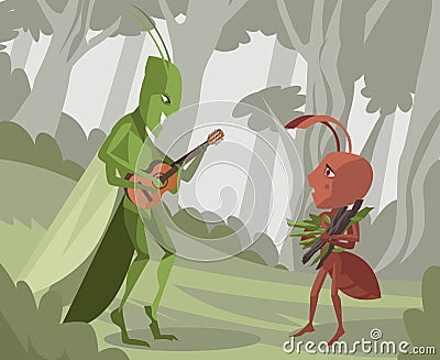 Ant and grasshopper cicada fable Vector Illustration