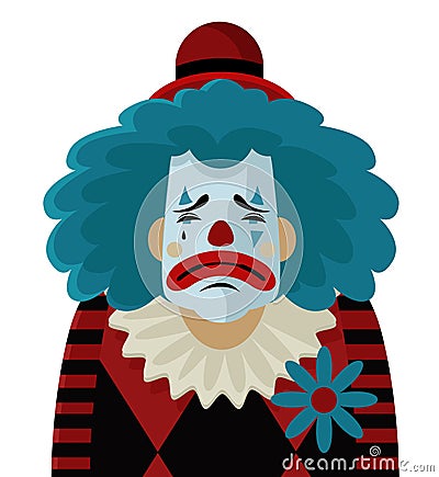 Sad depressed clown with blue hair Vector Illustration