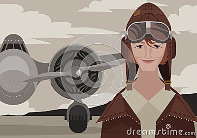 Great female aviator near to a plane Vector Illustration