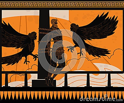 Ulysses tied to the ship with ropes and the singing siren greek mythology tale Vector Illustration