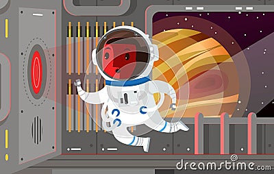 Space astronaut in station with red warning light Vector Illustration
