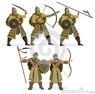 Mongolian warriors with bows and spears Vector Illustration