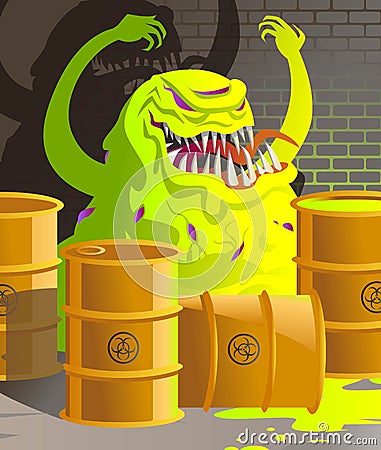 Evil nuclear radioactive monster in toxic waste barrels Vector Illustration