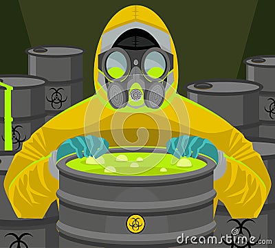 Man in biohazard yellow suit opening a radioactive barrel in a warehouse Vector Illustration