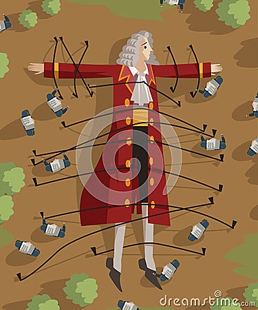 Gulliver old english traveler tied to the ground Vector Illustration