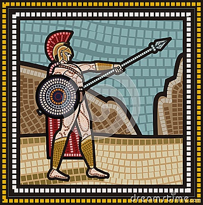 Mosaic of an spartan with a sspear and shield Vector Illustration