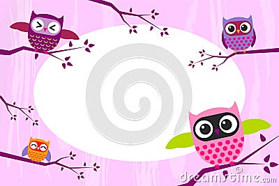 Photo frame with funny owls in pink Vector Illustration