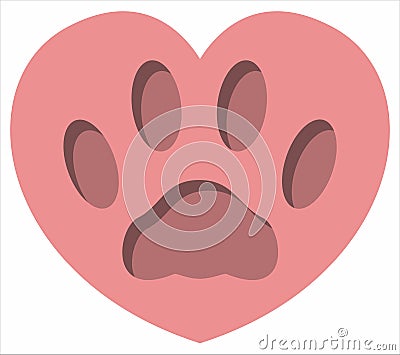 Imprint of a cat's foot on a pot-bellied pink heart. Vector Illustration