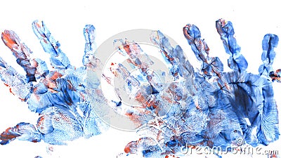 Imprint of children`s hand with gouache Stock Photo