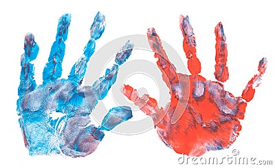 Imprint of children`s hands made with paint Stock Photo