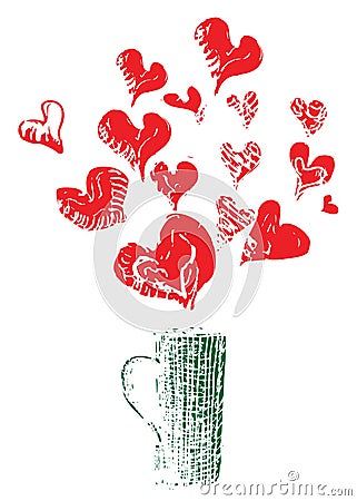 Imprint cup with red hearts on a white background, poster, illustration Stock Photo