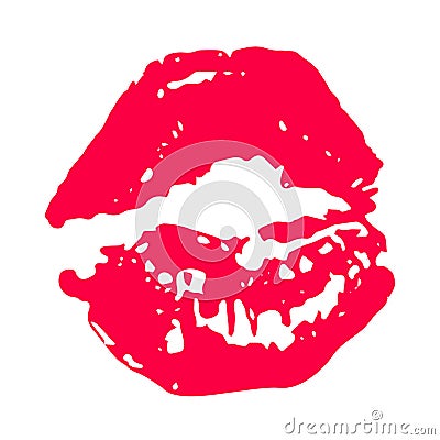 Imprint kiss bright pink lipstick close-up on a white background Vector Illustration