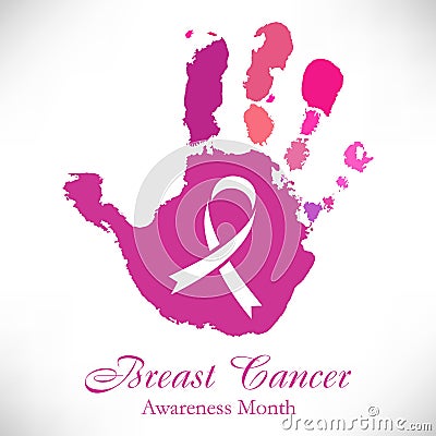 Imprint of pink hand with cancer ribbon inside Vector Illustration