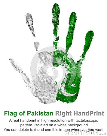 The imprint of the right hand in the colors of the flag of Pakistan. Real handprint gouache green and white. Stock Photo