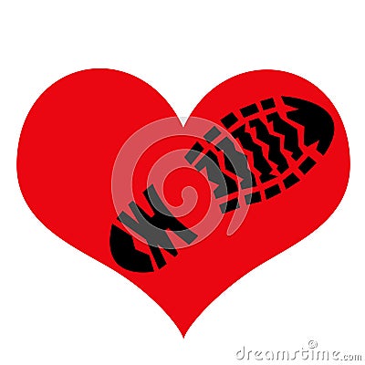 Imprint of the rough sole of the shoe on the symbol of love. Stock Photo