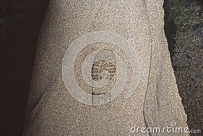 Imprint of the shoe on mud with copy space, Footprint in the dirt, Foot step on sand, background texture. Top view Stock Photo