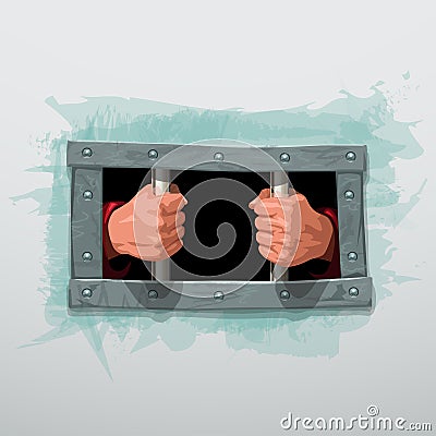 imprisoned hands behind metal bars on white Vector Illustration