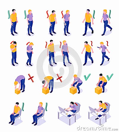 Posture Isometric Set Cartoon Illustration