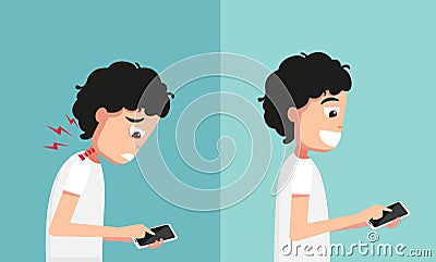 Improper vs proper hand holding and playing smart phone Vector Illustration