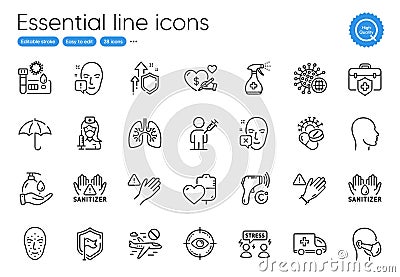 Improving safety, Face biometrics and Umbrella line icons. For website, printing and application. Vector Stock Photo