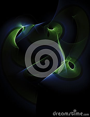 Green-blue curled line - ribbon painted by light on the black background. Improvisational painting by light. Stock Photo