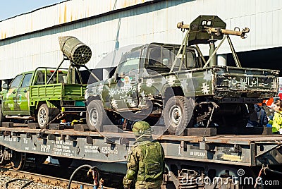 Improvised gun trucks of terrorists on a railway flatcar Editorial Stock Photo