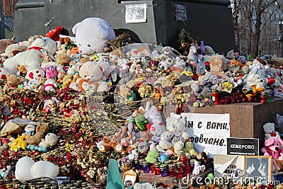 MOSCOW, RUSSIA, April 6, 2018, An improvised memorial to those killed in the fire in Kemerovo Editorial Stock Photo