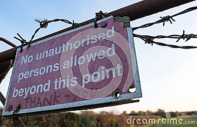 Improvised No Entry sign seen attached to a field gate. Editorial Stock Photo