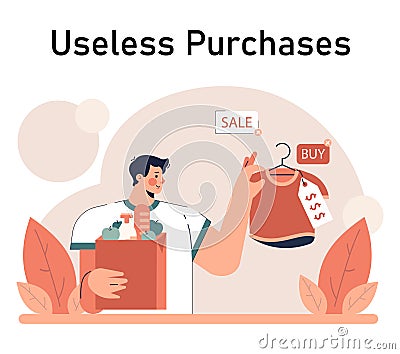 Impulsive buying. Shopaholic money problems. Consumer doing useless Vector Illustration