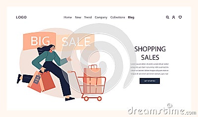 Impulsive buying web banner or landing page. Shopaholic money problems. Vector Illustration