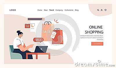 Impulsive buying web banner or landing page. Shopaholic money problems. Vector Illustration