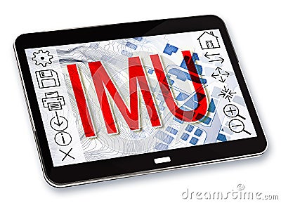 IMU which means Unique Municipal Tax the most unpopular italian tax on land and buildings - Concept with 3D render of laptop and Stock Photo