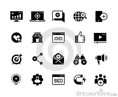 Inbound marketing black icons. Lead social media, ads campaign, web site business promotion. Influence marketing vector Vector Illustration