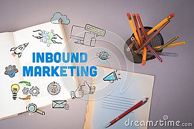 Inbound Marketing concept. Book and pencils Stock Photo