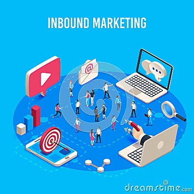 Inbound marketing isometric. Online mass market ads, business target sales ad and offline sale advancement vector Vector Illustration