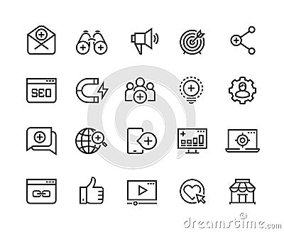 Inbound marketing line icons. Lead social media, action marketing influence and target audience attraction. Marketing Vector Illustration