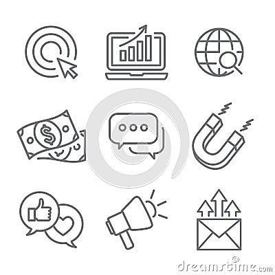 Inbound Marketing Vector Icons with growth, roi, call to action, seo, lead conversion, social media, attract, brand engagement, p Vector Illustration