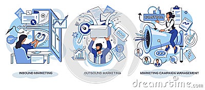 Inbound and outbound marketing. Campaign managment. Email and mobile marketing. Professional marketers service Vector Illustration