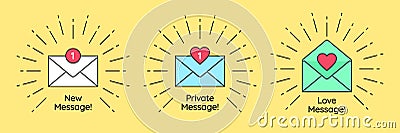 Inbox mail notification with counter, incoming email with text New message, Private message and Love message Vector Illustration